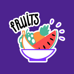 Plate with fruit and inscription. Vector illustration in a flat style. Piece of watermelon, pineapple, banana and grapes.