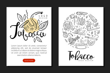 Tobacco Design with Sketchy Drawn Leaf, Cigar and Smoking Pipe Vector Template