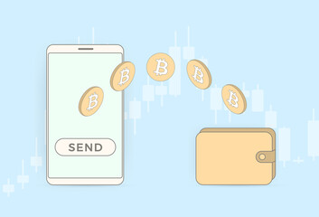 Sending bitcoin digital money from a mobile e-wallet to a regular wallet. The concept of exchanging electronic BTC currency for paper fiat money. Vector illustration in thin line flat design - obrazy, fototapety, plakaty