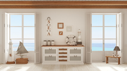 Marine style, living room with wooden and rattan chest of drawers in white tones. Panoramic windows with sea landscape. Parquet and beam ceiling. Nautical interior design