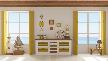 Marine style, living room with wooden and rattan chest of drawers in white and yellow tones. Panoramic windows with sea landscape. Parquet floor. Nautical interior design