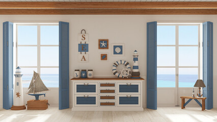 Marine style, living room with wooden and rattan chest of drawers in white and blue tones. Panoramic windows with sea landscape. Parquet floor. Nautical interior design