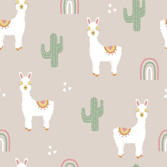 Cute llama and rainbow seamless pattern. Baby hand drawn print. Bohemian style. Funny design for fabric, scrapbooking, packaging. Boho cactus, rainbow and llama. © Katerina