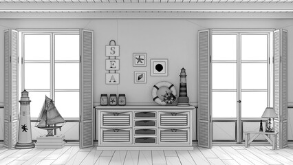 Blueprint unfinished project draft, marine style, living room with wooden and rattan chest of drawers. Panoramic windows with sea landscape. Parquet floor. Nautical interior design