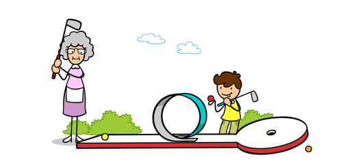Großmutter und Enkel spielen zusammen Minigolf