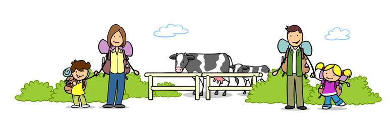 Familie und Kinder auf Landurlaub vor Kuh auf Weide