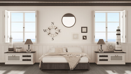 Marine style, bedroom with wooden bed and chest of drawers in white and dark tones. Panoramic windows with sea landscape. Parquet and beam ceiling. Nautical interior design