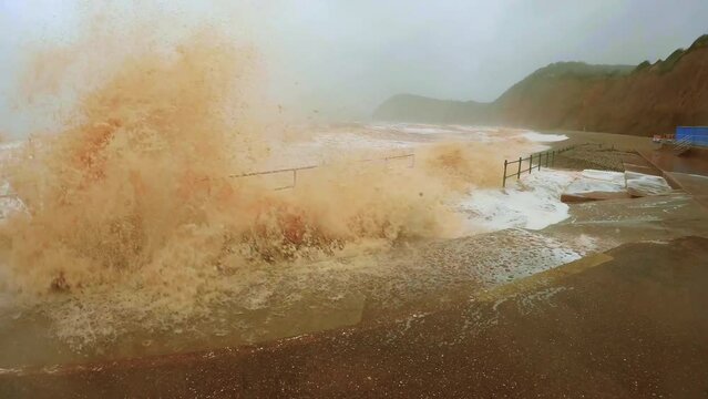Sidmouth, Devon, United Kingdom - Dec 7, 2021: Coastal storm surge Storm Barra
