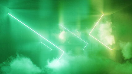 Grünes Neon Licht mit Rauch als abstrakter Hintergrund - obrazy, fototapety, plakaty