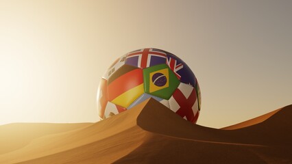 Fußball mit Länderflaggen in Wüste von Katar zur WM - obrazy, fototapety, plakaty