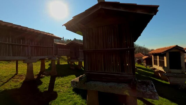 Largest set of Spanish granaries in A Merca, Ourense, Galicia, sideways dolly
