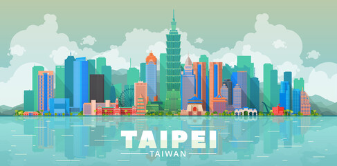 Fototapeta premium Taipei ( Taiwan ) skyline with panorama in sky background. Vector Illustration. Business travel and tourism concept with modern buildings. Image for presentation, banner, web site.