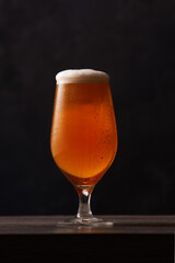 Tulip glass of beer on black background.