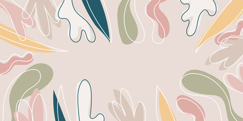 Naklejka premium Abstract organic leaves shapes background. Hand drawn neutral colors banner. For newsletter, web, social media post, promotional banner, advertising and branding. Vector illustration, flat design