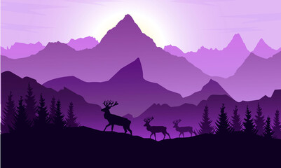 mountains silhouette with trees and deer