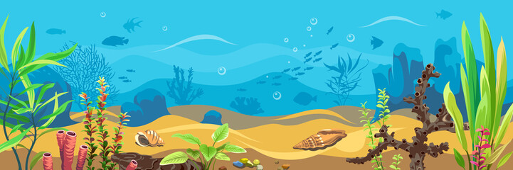 Vector ocean world. Exotic seascape with seaweeds, fish and corals. Aquatic ecosystem. Illustration of undersea water.