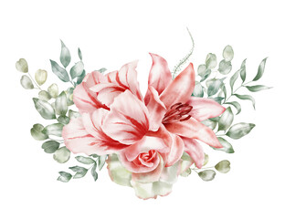 Watercolor floral arrangement. Tulip, peony, rose, lily, hydrangea, collection garden pink flowers, green leaves, branches, Botanic illustration isolated on white background for wedding design.