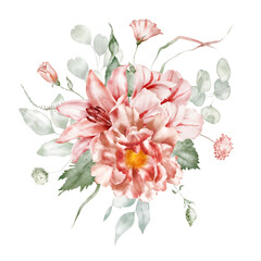 Watercolor floral arrangement. Tulip, peony, rose, lily, hydrangea, collection garden pink flowers, green leaves, branches, Botanic illustration isolated on white background for wedding design.