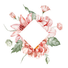 Watercolor floral frame. Tulip, peony, rose, lily, hydrangea, collection garden pink flowers, green leaves, branches, Botanic illustration isolated on white background for wedding design.