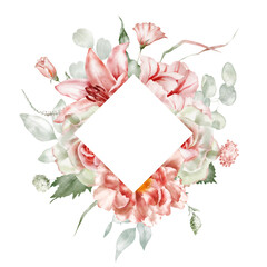 Watercolor floral frame. Tulip, peony, rose, lily, hydrangea, collection garden pink flowers, green leaves, branches, Botanic illustration isolated on white background for wedding design.