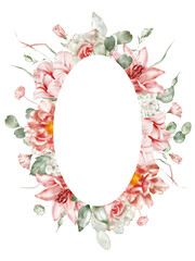 Watercolor floral frame. Tulip, peony, rose, lily, hydrangea, collection garden pink flowers, green leaves, branches, Botanic illustration isolated on white background for wedding design.