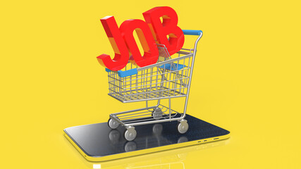 The red job on shopping cart yellow background  for business concept 3d rendering