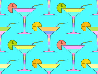 Cocktail with umbrellas 80s style seamless pattern. Alcoholic cocktails with umbrellas and lime slice. Design for bar menus, advertising materials and banners. Vector illustration