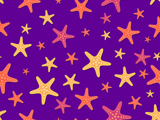 Obraz premium Seamless pattern with colorful starfish on a violet background. For promotional products, wrapping paper and printing. Vector illustration