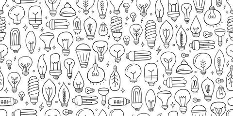 Light bulbs collection. Ecology Concept art. Symbol of creativity, innovation, inspiration, invention and idea. Hand drawn style, seamless pattern background for your design