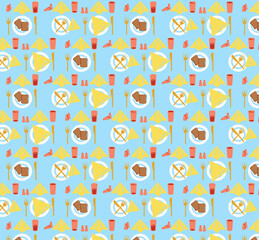 A bright cutlery pattern on a blue background consists of white plates, pieces of bread, yellow napkins, orange knives, forks, glasses, pepper, and saltwort.