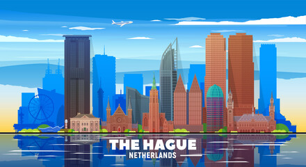 The Hague (The Netherlands) skyline with panorama at sky background. Vector Illustration. Business travel and tourism concept with modern buildings. Image for banner or web site 