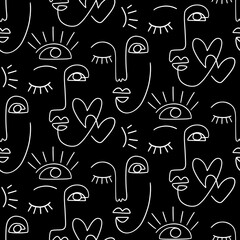 One line drawing abstract face seamless pattern