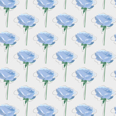 Delicate pattern with blue roses on a pearly white background with pen outline.