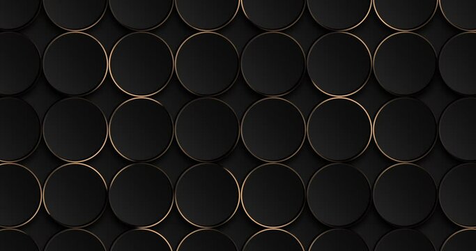 Deluxe abstract circles on dark grey background. Beautiful collection of luxury backdrops. Gold grid border animated. Black metal background with golden light lines. 3d geometric texture illustration 