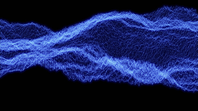 Jitter, noise, ripple, vibration, waveform abstract blue 3d mesh or wireframe. 3d rendering.