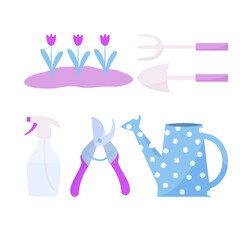 gardening tools collection with watering can, growth tulips, scissors and spray