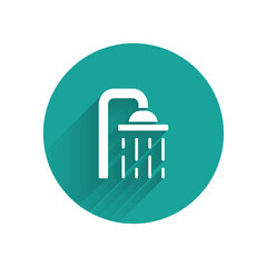 White Shower head with water drops flowing icon isolated with long shadow. Green circle button. Vector