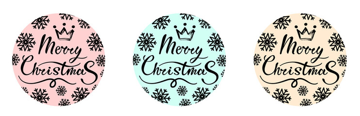 Merry Christmas round stickers set with hand drawn calligraphic lettering surrounded with snow and snowflakes in a circle shape and pastel beige, pink and green backgrounds