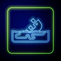 Glowing neon Wrecked oil tanker ship icon isolated on blue background. Oil spill accident. Crash tanker. Pollution Environment concept. Vector