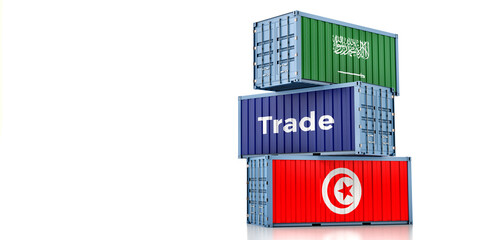 Cargo containers with Tunisia and Saudi Arabia national flags. 3D Rendering