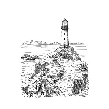 Seascape. Lighthouse. Hand drawn illustration converted to vector. Sea coast graphic landscape sketch illustration vector.