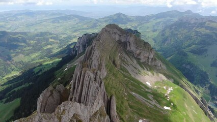 Drone shot of the Shafler mountain ridge in Appenzell Alps, Switzerland, Europe
