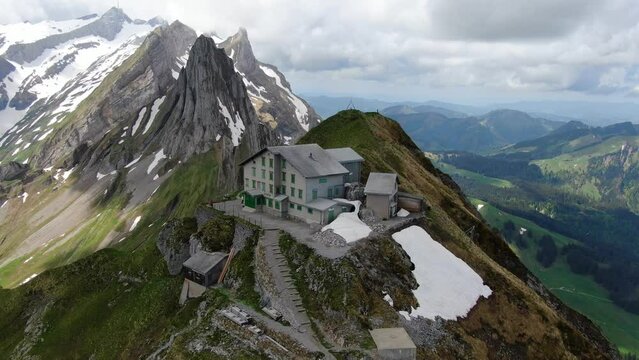 Aerial shot of the Shafler hut in Appenzell Alps, Switzerland, Europe
