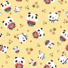 Kawaii panda birthday vector seamless pattern background. Cute backdrop with laughing cartoon bears holding cakes, balloons, cupcakes. Gender neutral design. For baby and kids birthdays