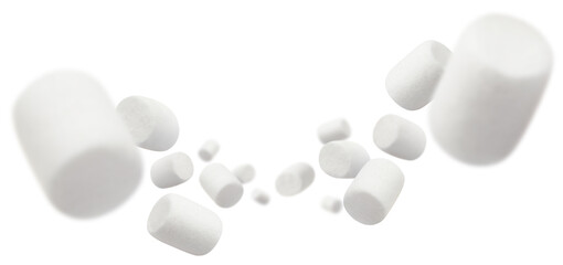 Flying marshmallows, isolated on white background