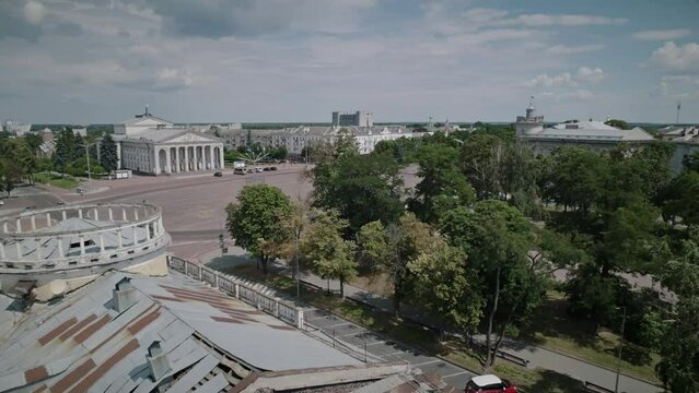 Aerial filming of the destroyed theatre building after a missile attack in the center of Chernihiv