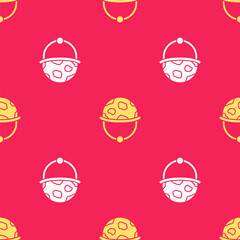Yellow Military helmet icon isolated seamless pattern on red background. Army hat symbol of defense and protect. Protective hat. Vector