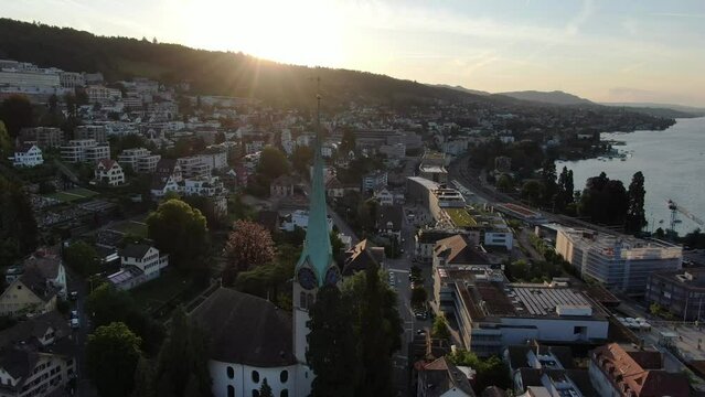 Sunset flight over Horgen town near Zurich in Switzerland