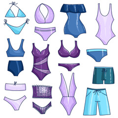 Vector set of cartoon doodle swimsuits and bikini underwear elements, beach beauty brassiere, elegant hand drawn clothing collection