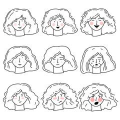 Obraz premium Hand-drawn doodle vector set with girl's faces with different emotions of happiness, sadness and anger